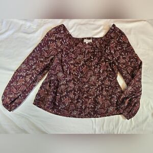 Loft Womens Red Paisley Long Sleeve Square Neck Gauze Poplin Top Size Small
